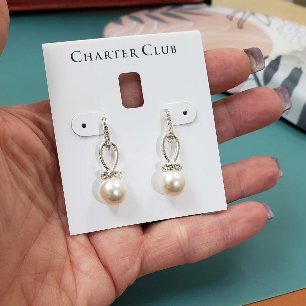 Charter Club, NWT, Silver tone pearl drop dangle jeweled pierced earrings - Picture 4 of 10